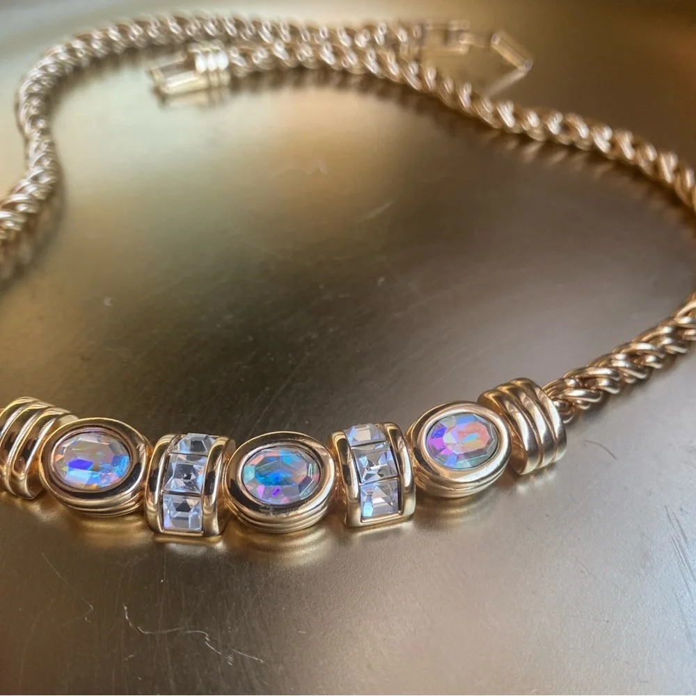 VERY RARE SWAROVSKI vintage Aurora Borealis gold tone statement necklace